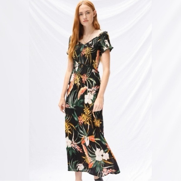 PATRONS OF PEACE | Maxi Over the Shoulder Dress With Tropical Flowers - Picture 1 of 11